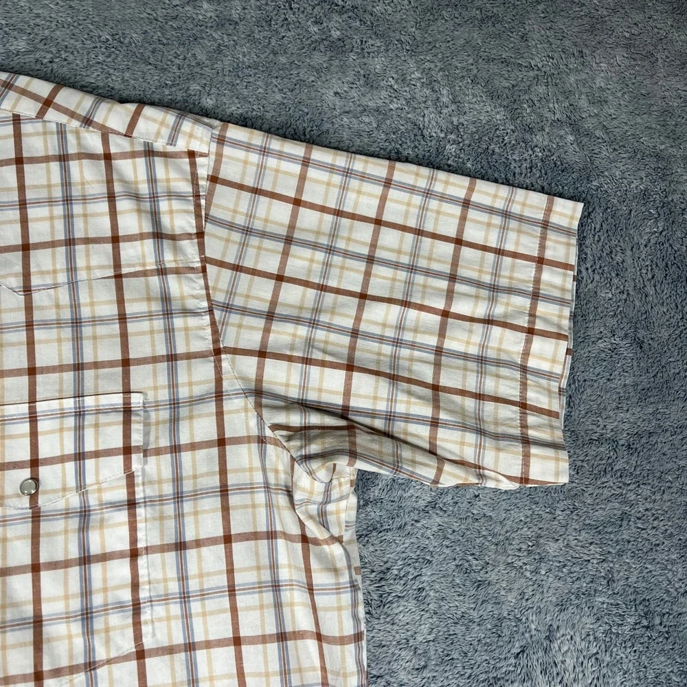 Wrangler Mens XXL Plaid Western Pearl Snap Short Sleeve Shirt Brown Tan‎ Blue